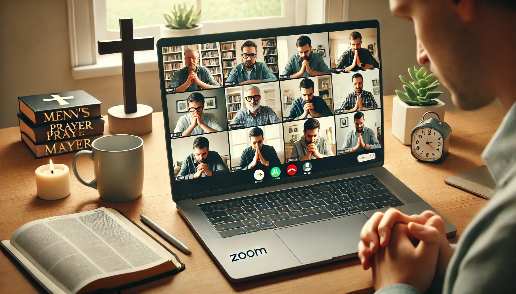 DALL·E 2025-01-11 15.30.53 - An illustration of an online men's and boys' prayer meeting via Zoom. The image shows a laptop screen displaying a video call with a group of men and